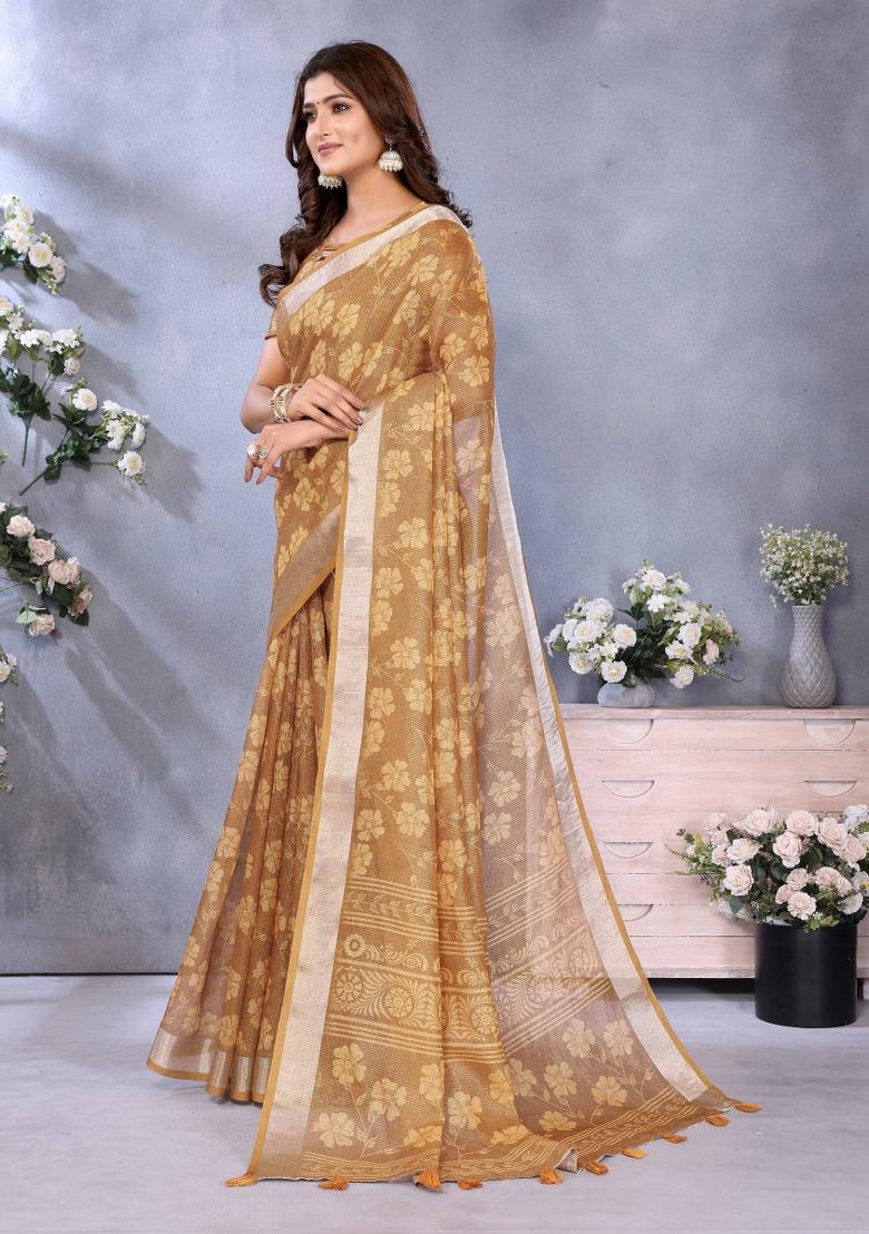 Brown Embroidery Linen Saree Set - Indya