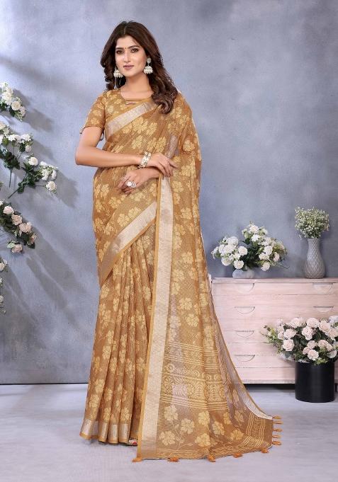 Brown Embroidery Linen Saree Set