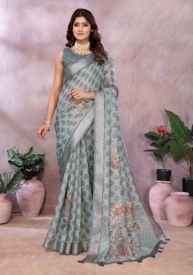 Grey Embroidery Linen Saree Set