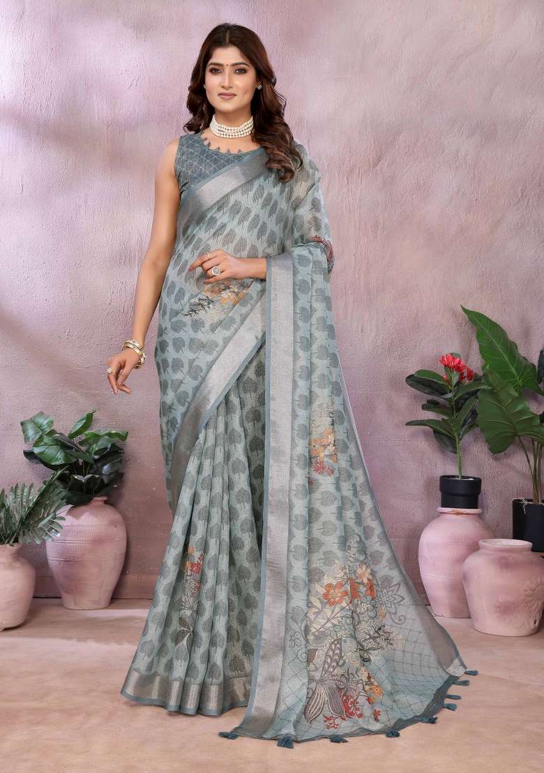 Grey Linen Saree Set with Embroidery for Diwali | Wedding & Festive Wear - Indya