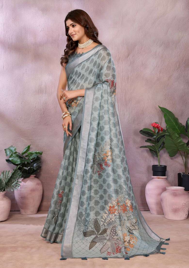 Grey Linen Saree Set with Embroidery for Diwali | Wedding & Festive Wear - Indya