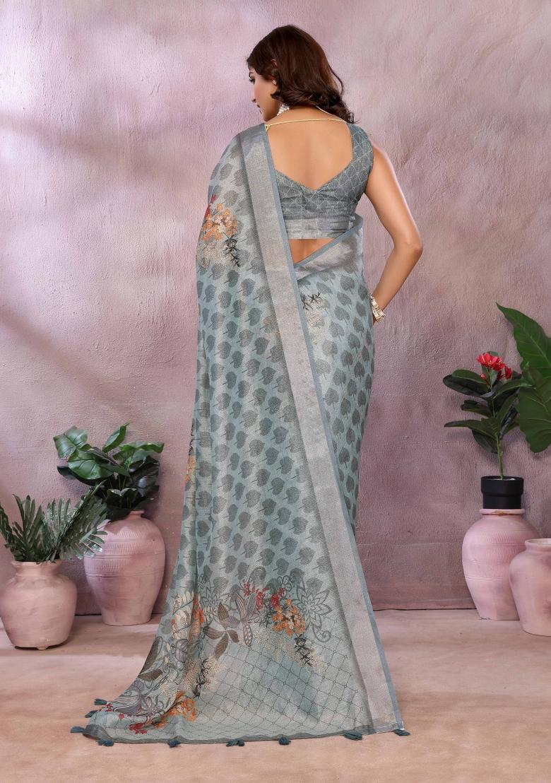 Grey Embroidery Linen Saree Set - Indya