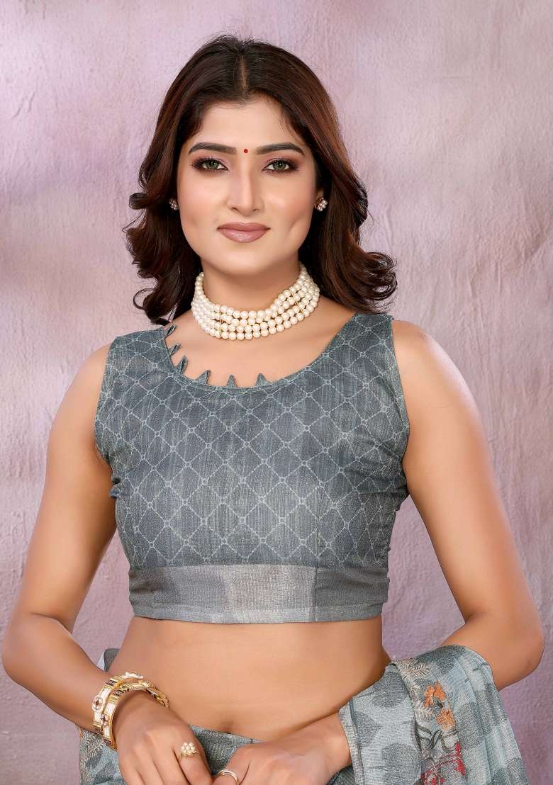 Grey Linen Saree Set with Embroidery for Diwali | Wedding & Festive Wear - Indya
