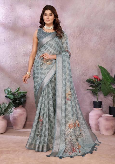 Grey Embroidery Linen Saree Set