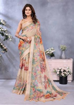 Beige Embroidery Linen Saree Set