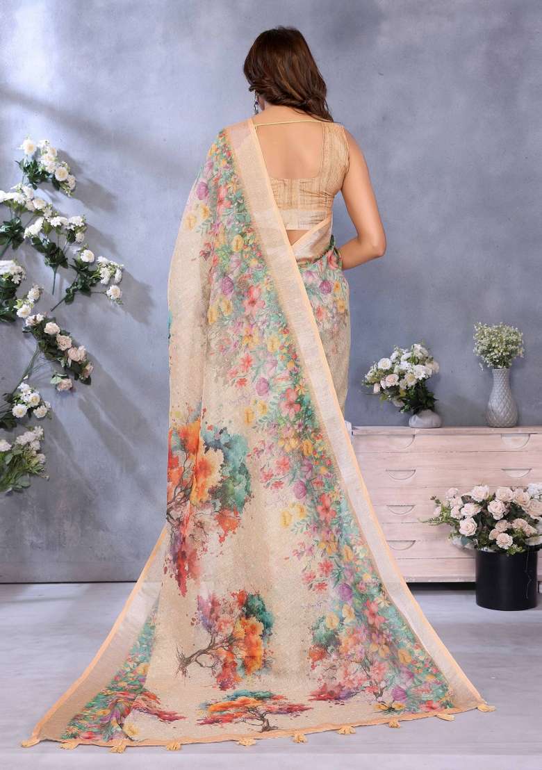 Beige Embroidery Linen Saree Set for Diwali and Festive Wear - Indya