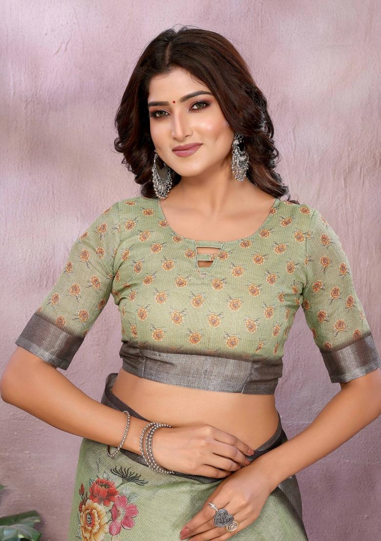 Green Embroidery Linen Saree Set - Indya