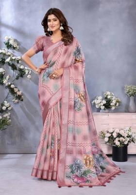 Pink Embroidery Linen Saree Set