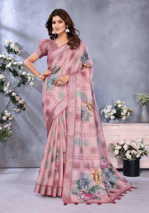 Pink Embroidery Linen Saree Set