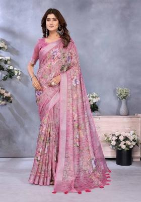 Pink Embroidery Linen Saree Set