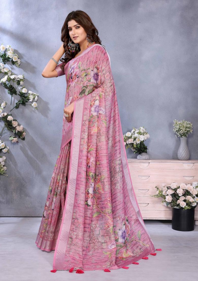 Pink Embroidery Linen Saree Set - Indya