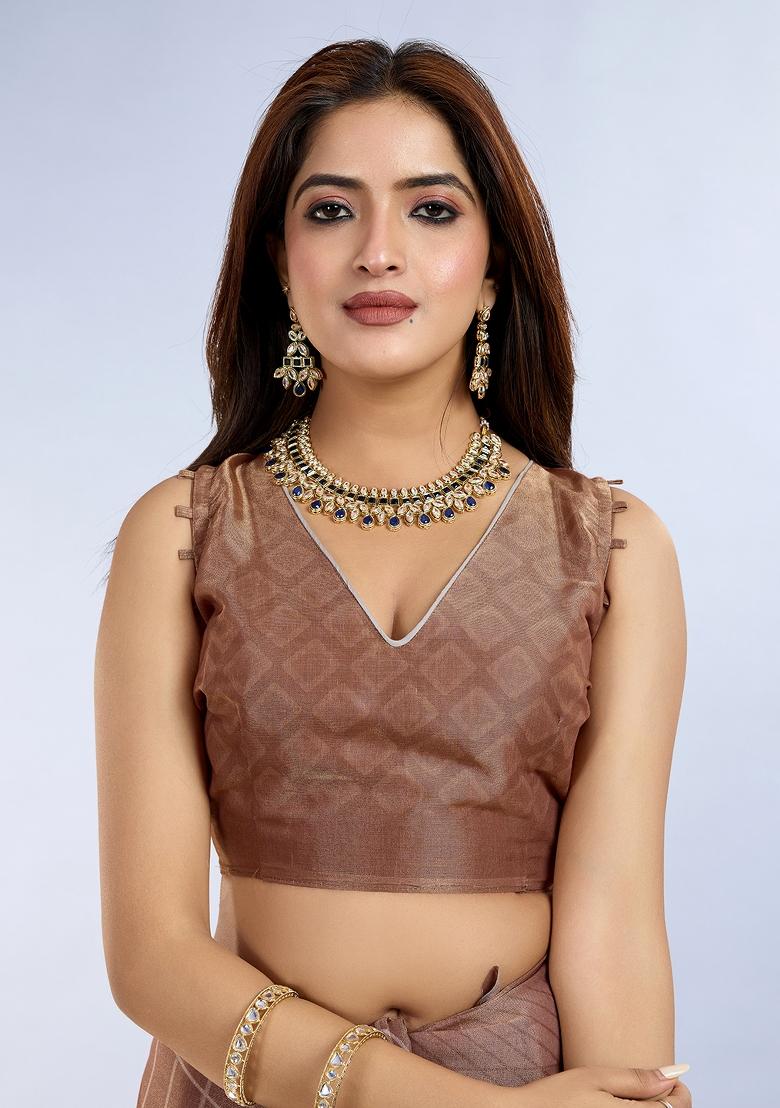 Brown Embroidery Silk Saree Set - Indya