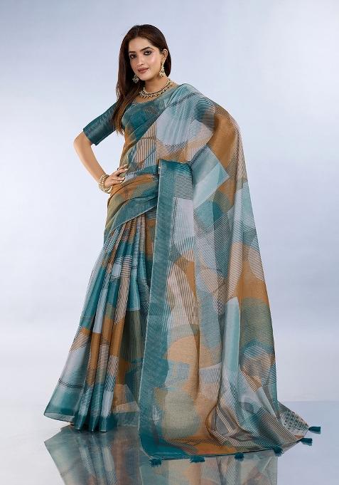 Teal Blue Embroidery Silk Saree Set