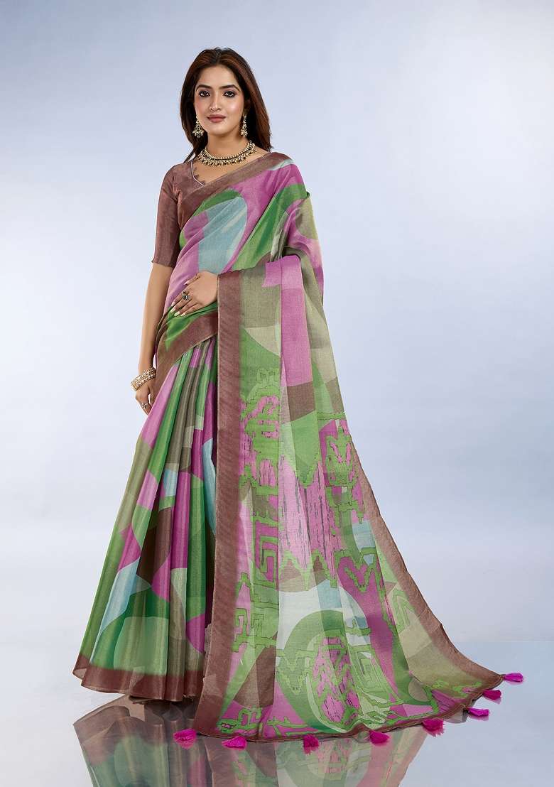 Multicolor Embroidery Silk Blend Saree Set for Diwali and Festive Wear - Indya