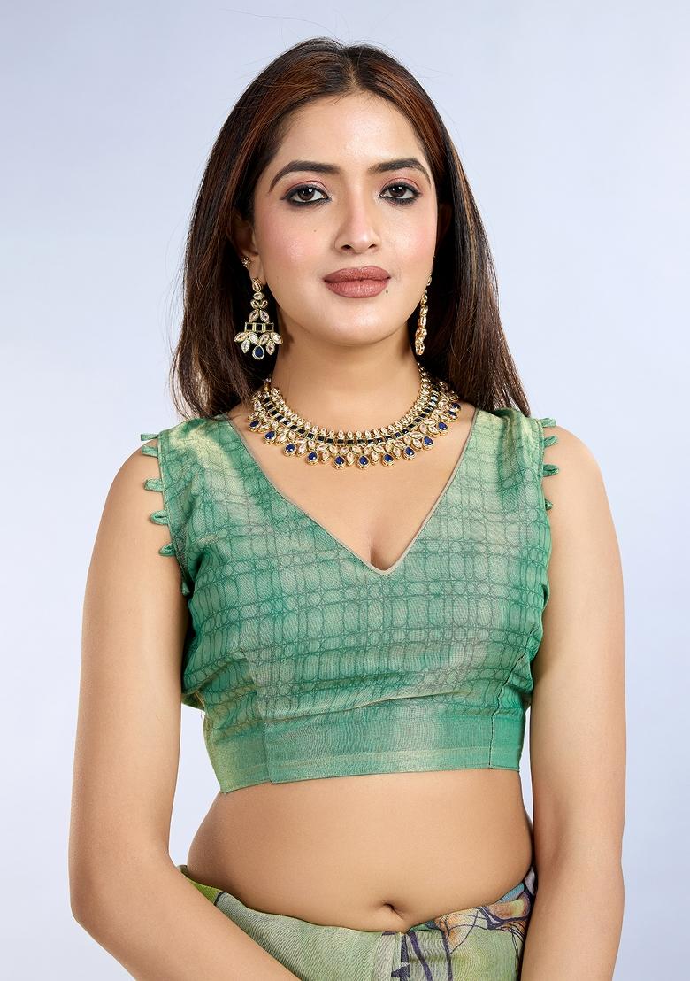 Green Embroidery Silk Saree Set - Indya