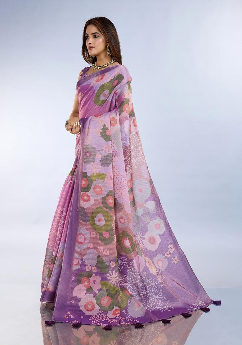 Purple Embroidery Silk Saree Set - Indya