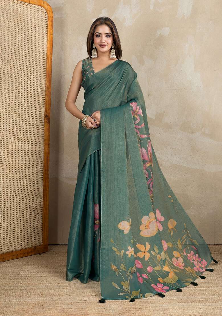 Green Embroidery Silk Blend Saree Set for Diwali and Festive Wear - Indya