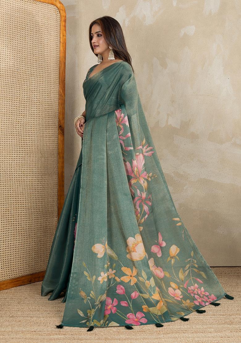 Green Embroidery Silk Saree Set - Indya