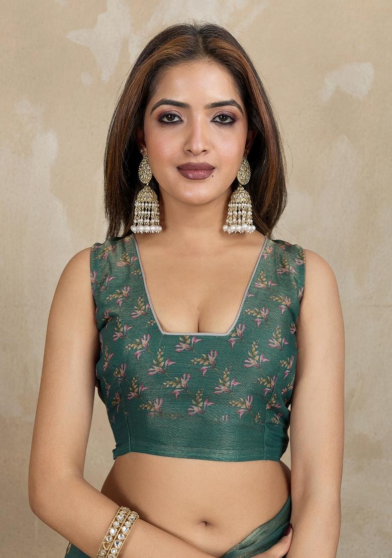 Green Embroidery Silk Saree Set - Indya