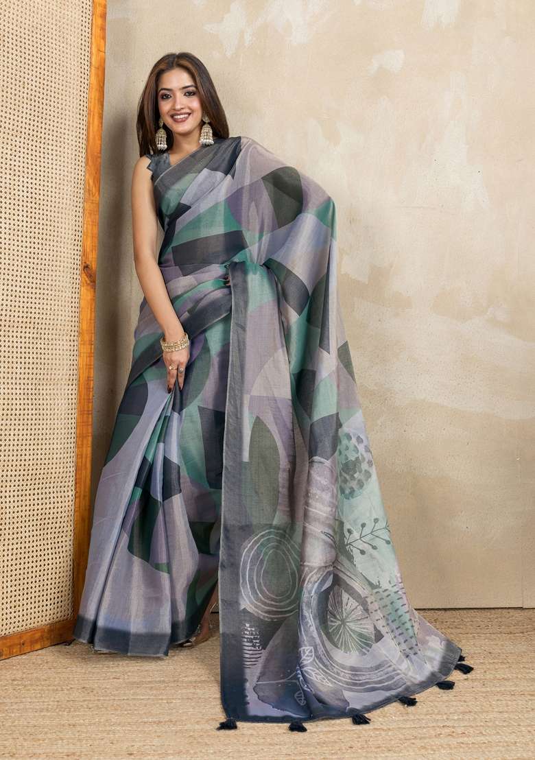 Grey Silk Blend Saree Set with Embroidery for Diwali | Wedding & Festive Wear - Indya