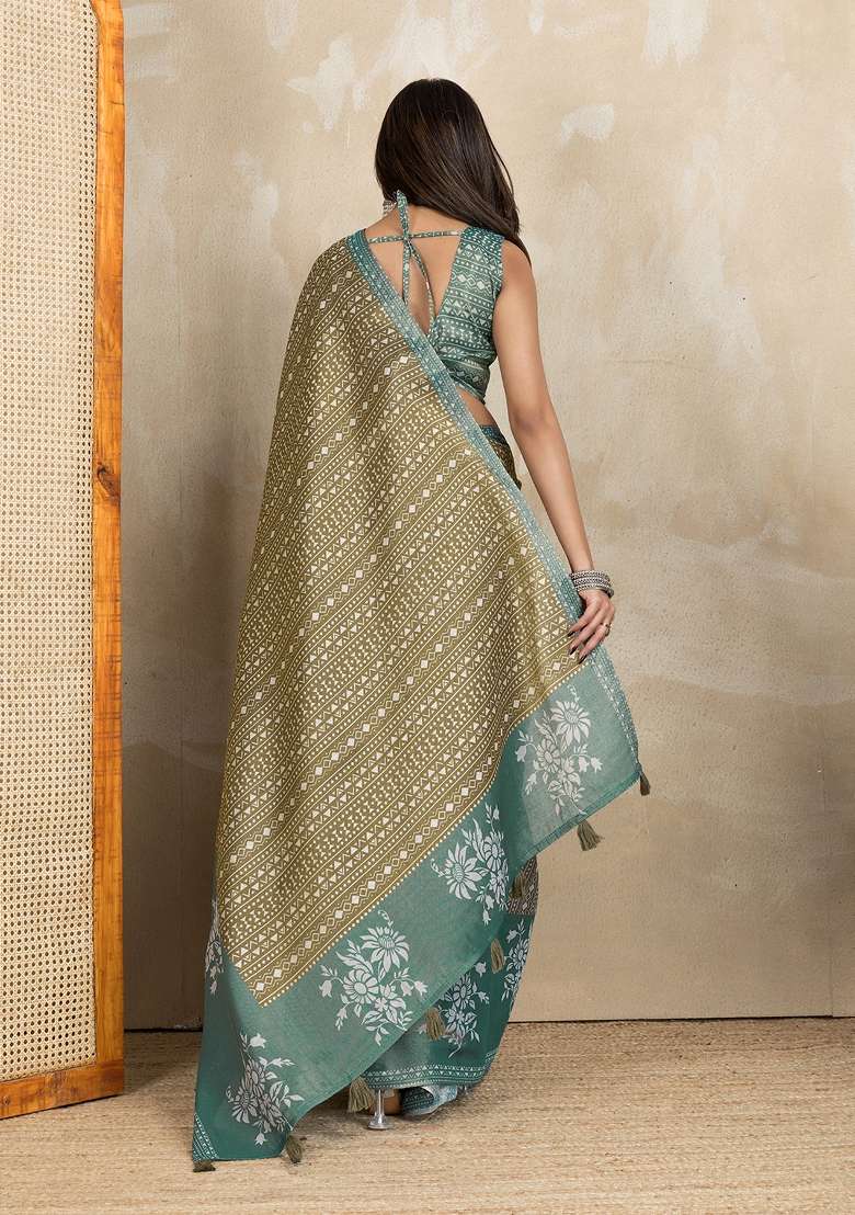 Olive Green Embroidery Silk Blend Saree Set for Diwali and Festive Wear - Indya