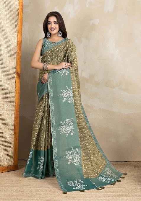 Olive Green Embroidery Silk Saree Set
