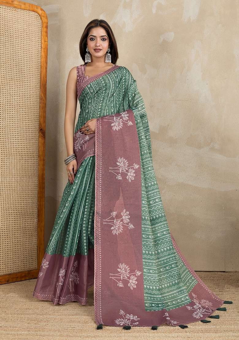 Green Silk Blend Saree Set with Embroidery for Diwali | Wedding & Festive Wear - Indya