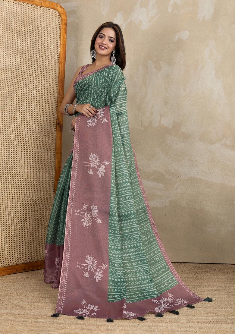 Green Embroidery Silk Saree Set - Indya