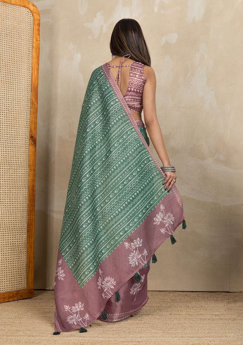 Green Silk Blend Saree Set with Embroidery for Diwali | Wedding & Festive Wear - Indya