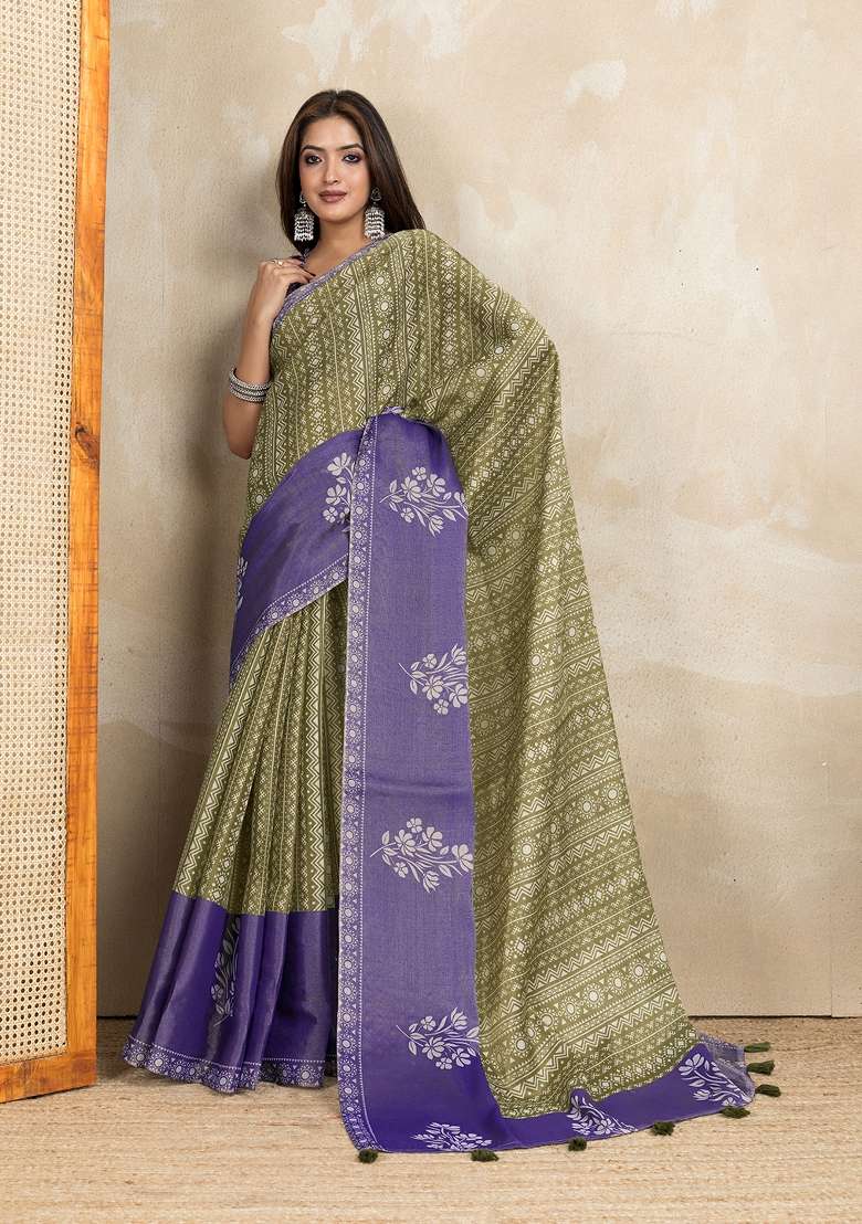 Green Silk Blend Saree Set with Embroidery for Diwali | Wedding & Festive Wear - Indya