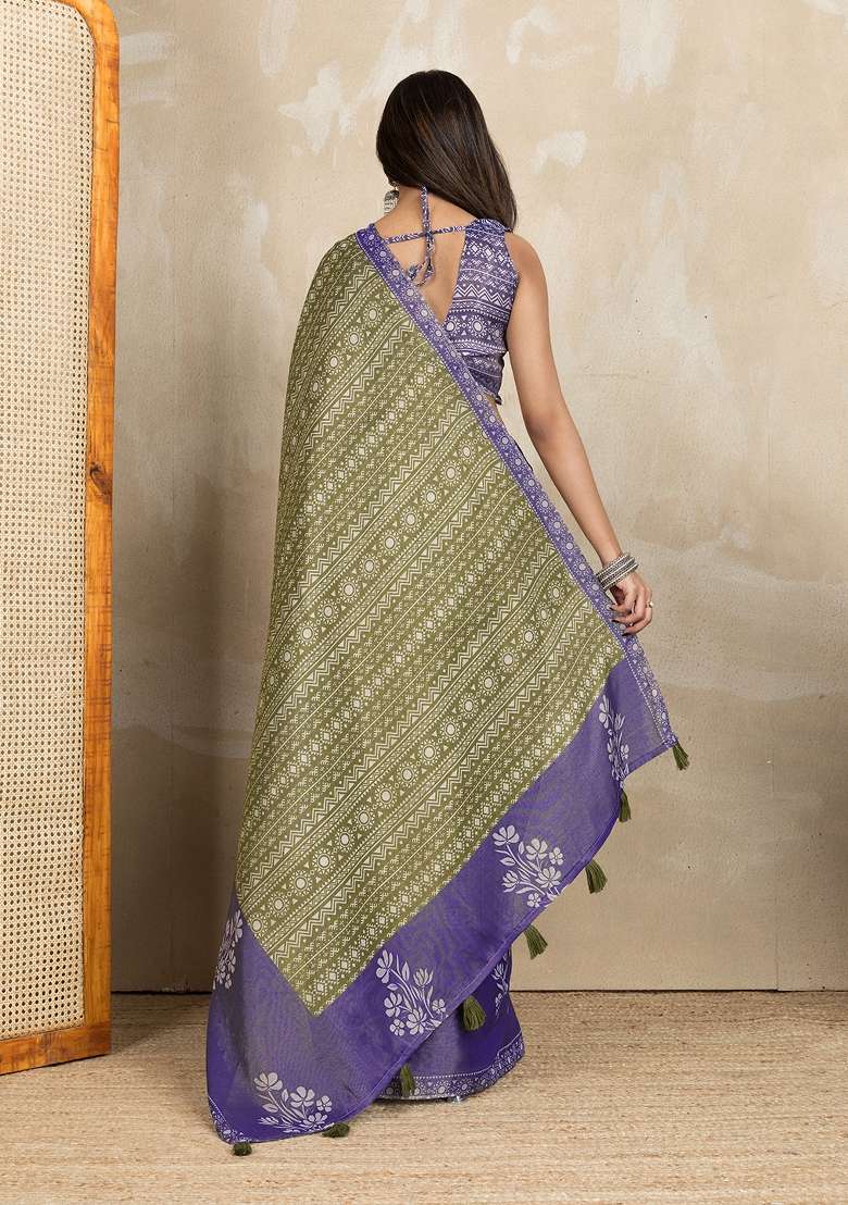 Green Silk Blend Saree Set with Embroidery for Diwali | Wedding & Festive Wear - Indya