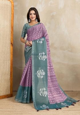 Violet Embroidery Silk Saree Set