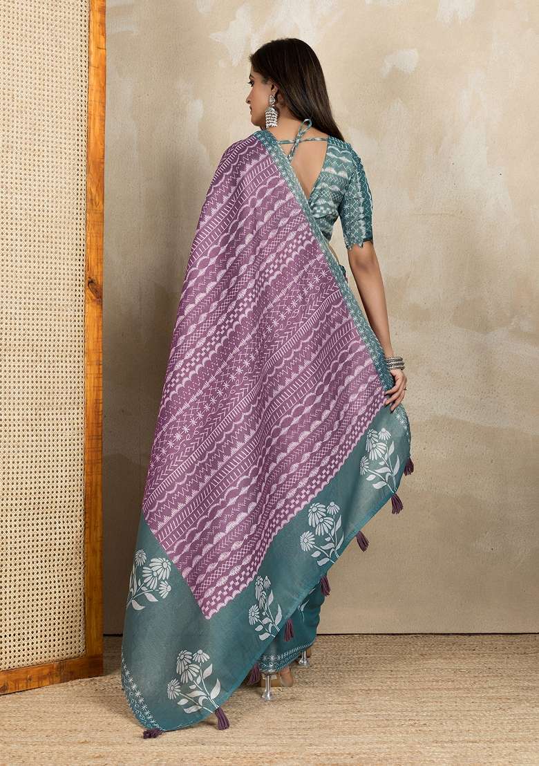 Violet Silk Blend Saree Set with Embroidery for Diwali | Wedding & Festive Wear - Indya