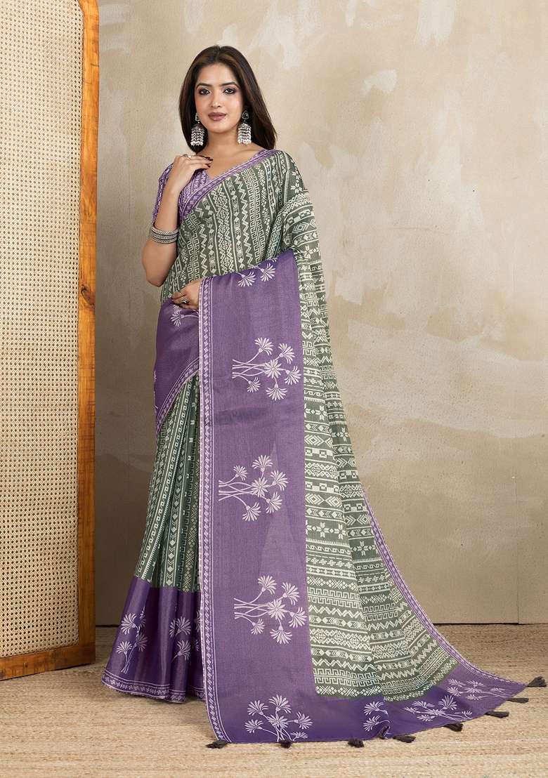 Green Embroidery Silk Blend Saree Set for Diwali and Festive Wear - Indya