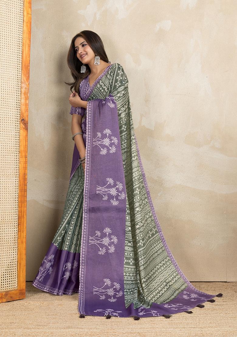 Green Embroidery Silk Saree Set - Indya