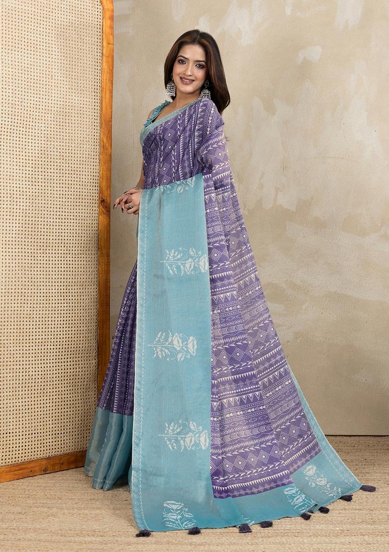 Purple Embroidery Silk Saree Set - Indya