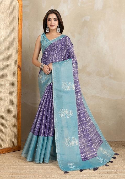 Purple Embroidery Silk Saree Set
