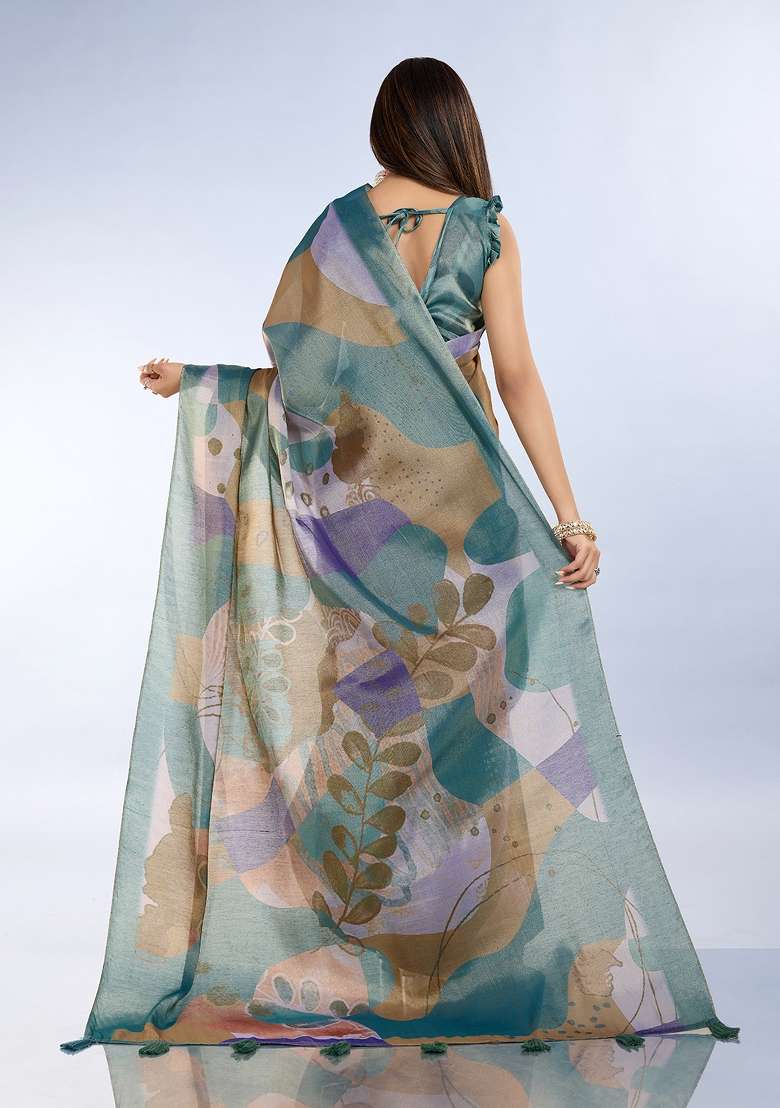 Multicolor Silk Blend Saree Set with Embroidery for Diwali | Wedding & Festive Wear - Indya
