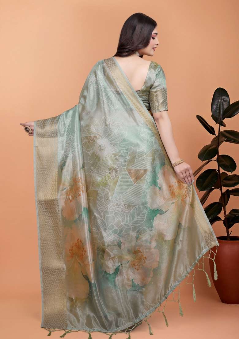 Mint Green Embroidery Silk Blend Saree Set for Diwali and Festive Wear - Indya