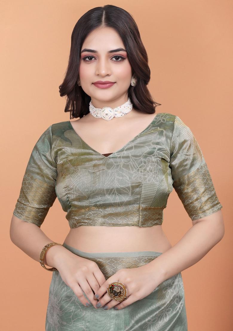 Mint Green Embroidery Silk Saree Set - Indya