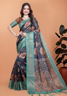 Blue Embroidery Silk Saree Set