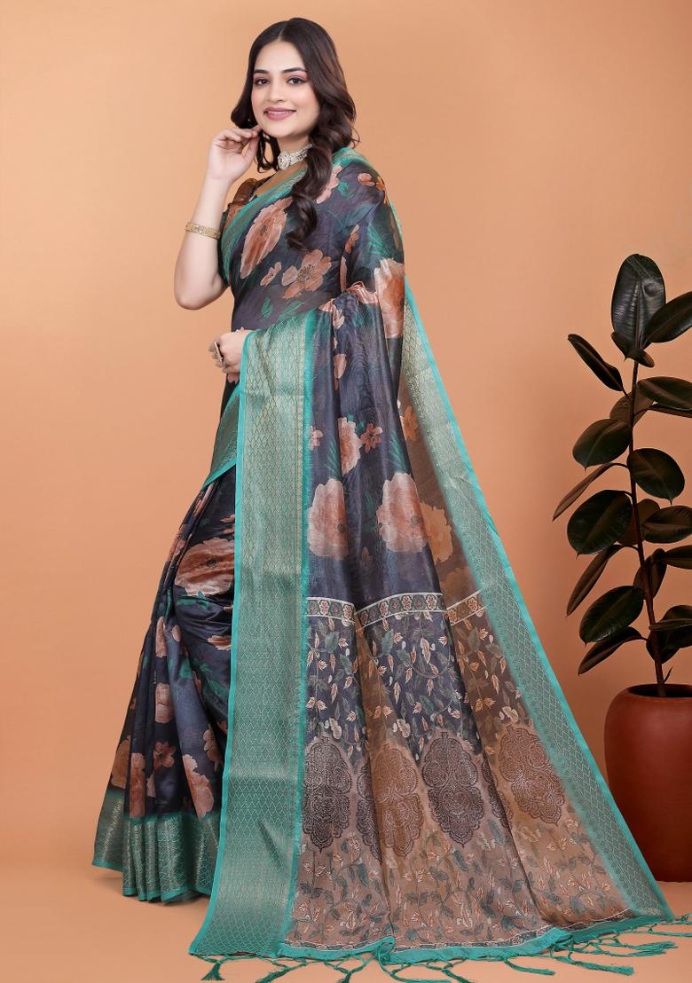 Blue Embroidery Silk Saree Set - Indya
