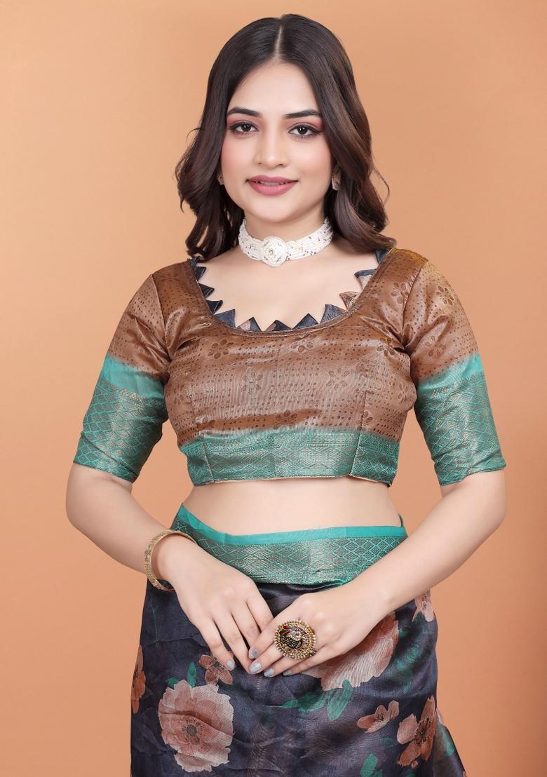 Blue Embroidery Silk Saree Set - Indya