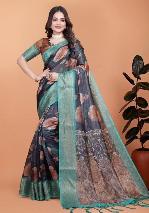 Blue Embroidery Silk Saree Set