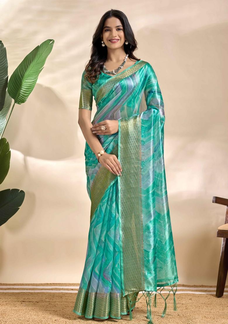 Sea Green Embroidery Silk Saree Set - Indya