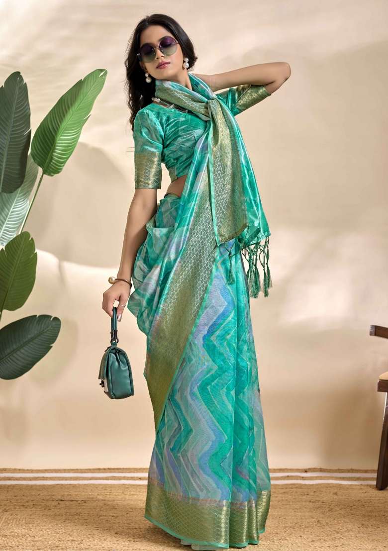 Sea Green Silk Blend Saree Set with Embroidery for Diwali | Wedding & Festive Wear - Indya