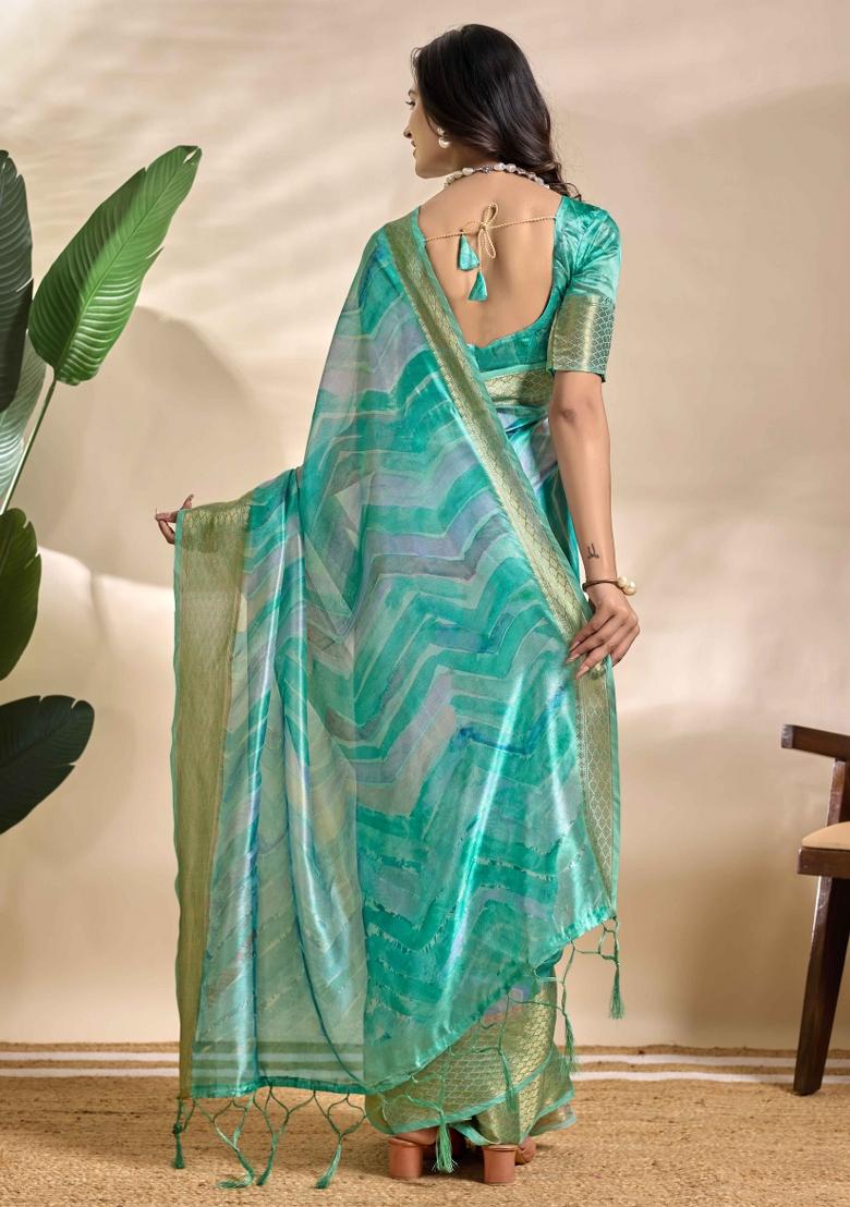 Sea Green Embroidery Silk Saree Set - Indya