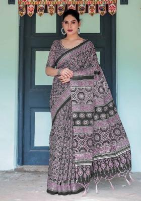 Black Embroidery Linen Saree Set