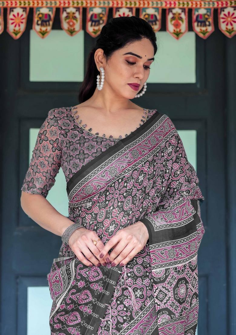 Black Embroidery Linen Saree Set - Indya