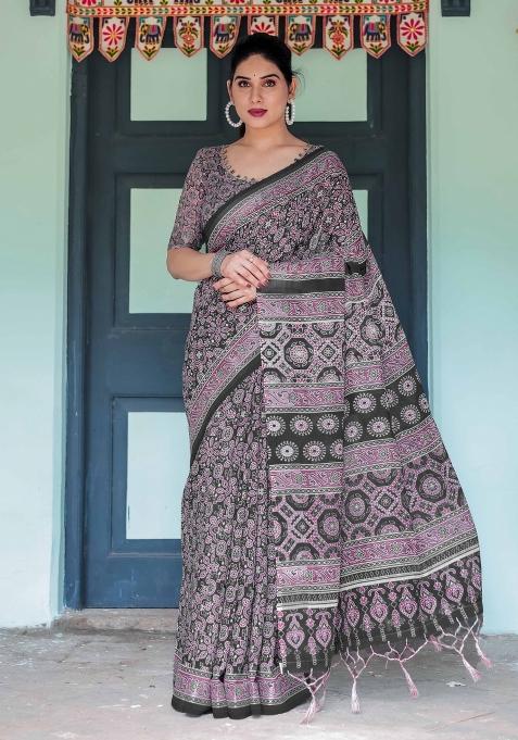 Black Embroidery Linen Saree Set